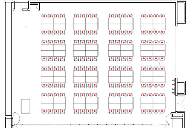 layout of 16 pods, each with 8 chairs and four tables, plus a podium